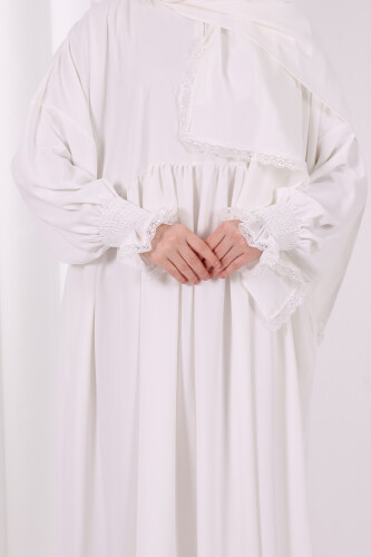 Dantel Detaylı Namaz Elbise 6095 Ekru - 6