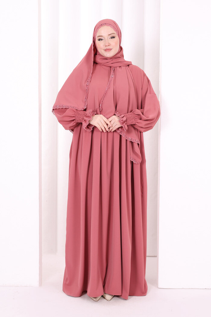 Dantel Detaylı Namaz Elbise 6095 Gül Kurusu - 2