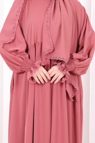 Dantel Detaylı Namaz Elbise 6095 Gül Kurusu - 6