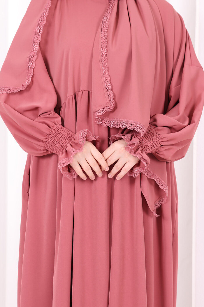 Dantel Detaylı Namaz Elbise 6095 Gül Kurusu - 6