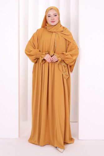 Dantel Detaylı Namaz Elbise 6095 Hardal