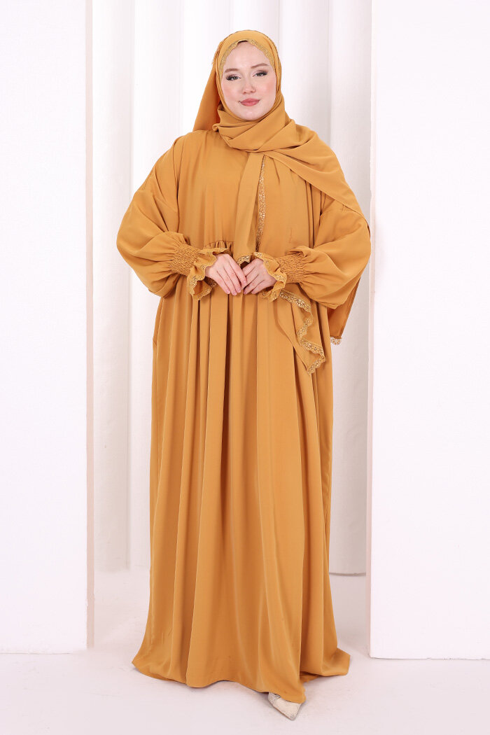 Dantel Detaylı Namaz Elbise 6095 Hardal - 1