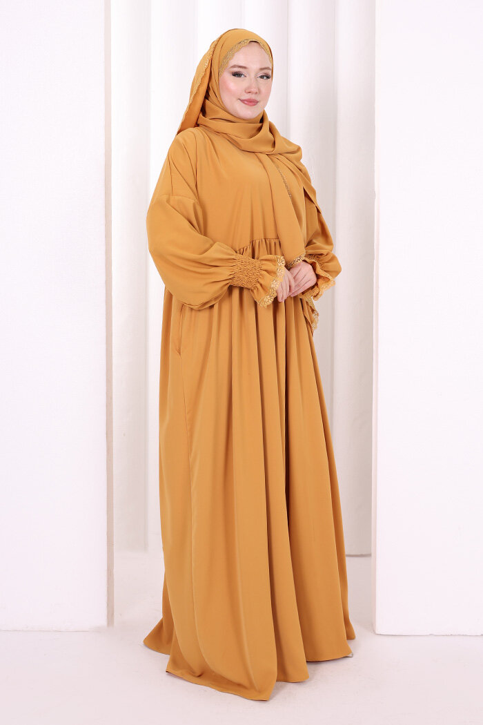 Dantel Detaylı Namaz Elbise 6095 Hardal - 2
