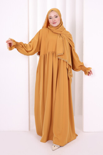 Dantel Detaylı Namaz Elbise 6095 Hardal - 3