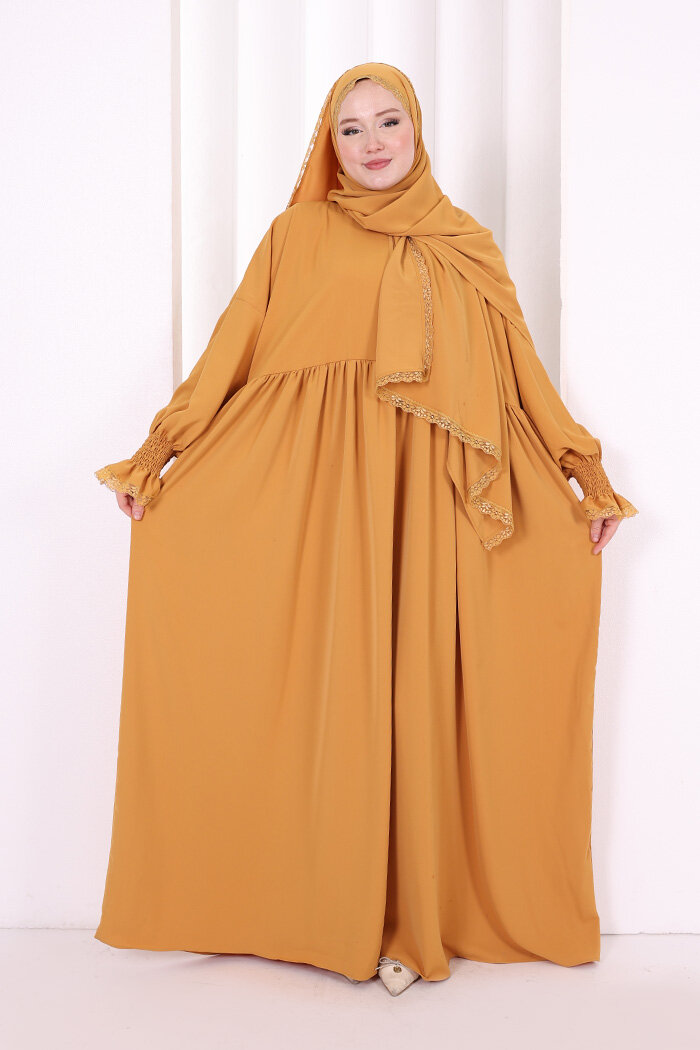 Dantel Detaylı Namaz Elbise 6095 Hardal - 4