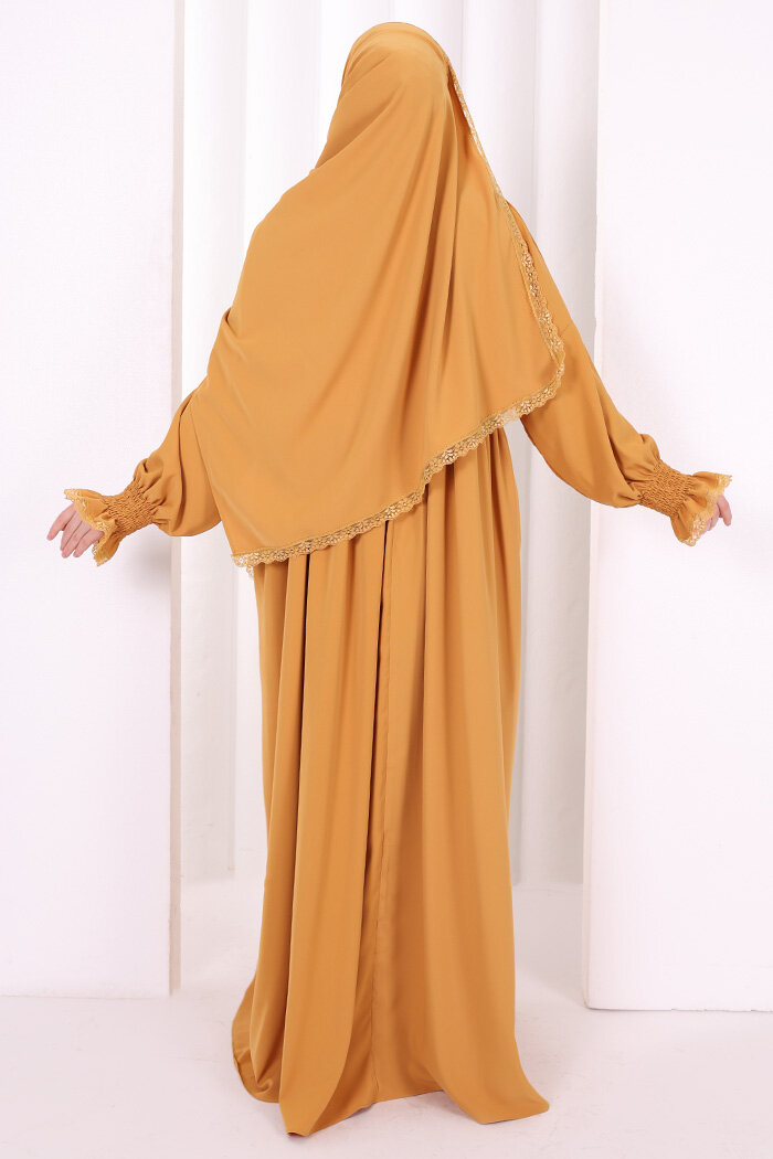 Dantel Detaylı Namaz Elbise 6095 Hardal - 5