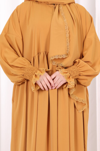 Dantel Detaylı Namaz Elbise 6095 Hardal - 7