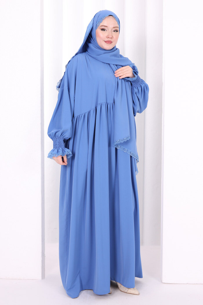 Dantel Detaylı Namaz Elbise 6095 İndigo - 1