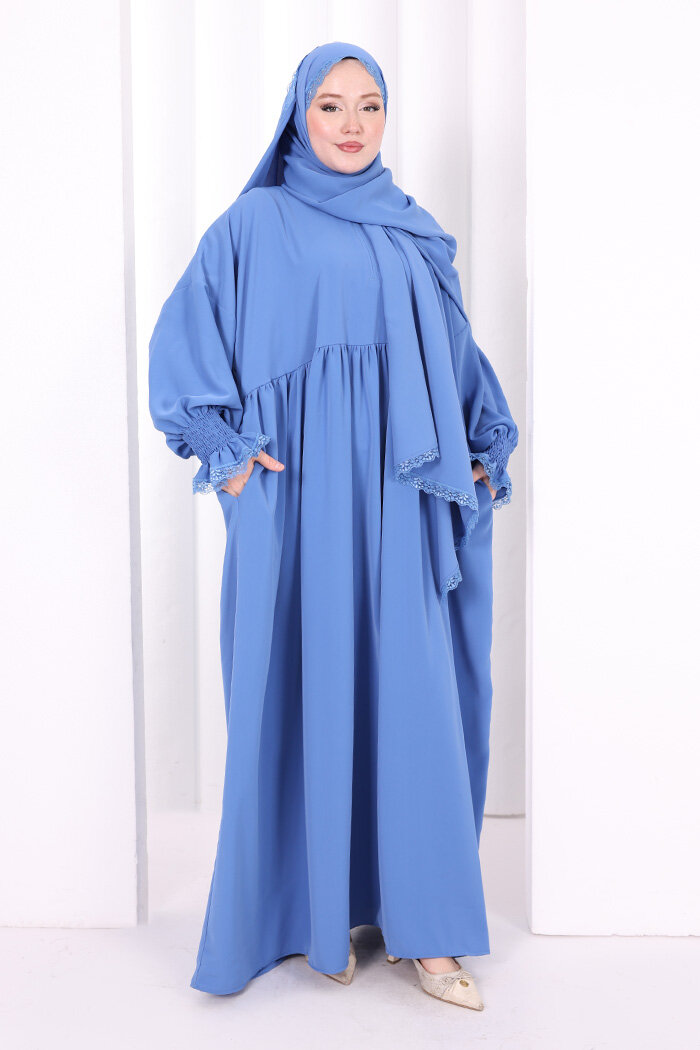 Dantel Detaylı Namaz Elbise 6095 İndigo - 3