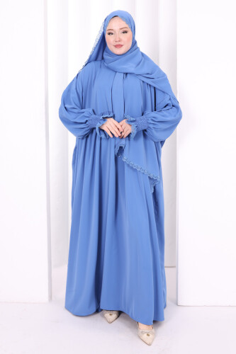 Dantel Detaylı Namaz Elbise 6095 İndigo - 4