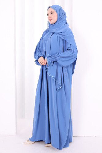 Dantel Detaylı Namaz Elbise 6095 İndigo - 5