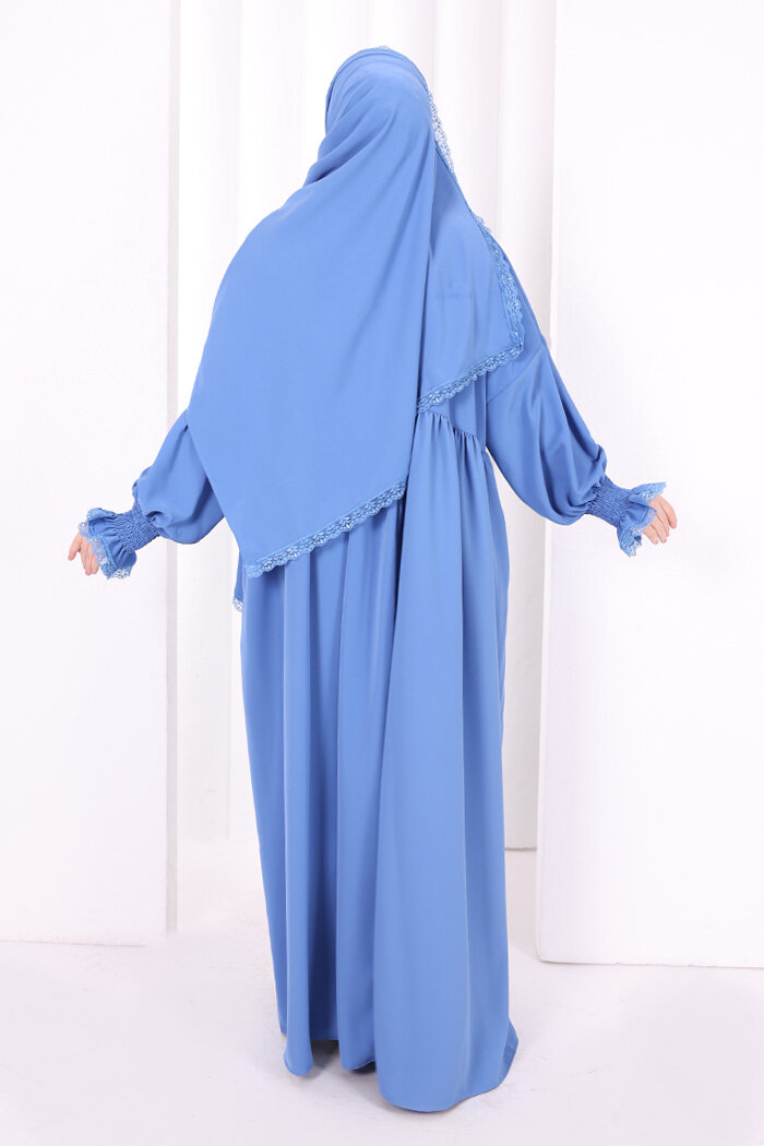 Dantel Detaylı Namaz Elbise 6095 İndigo - 6