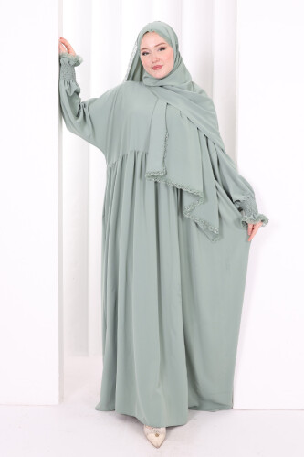 Dantel Detaylı Namaz Elbise 6095 Mint