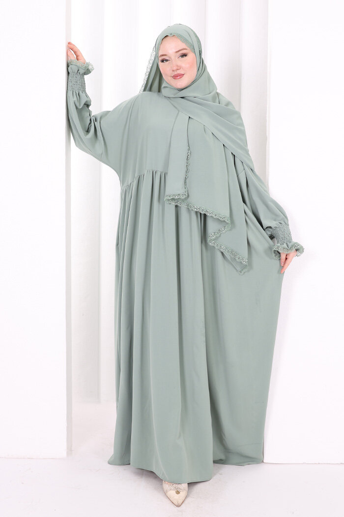 Dantel Detaylı Namaz Elbise 6095 Mint - 1