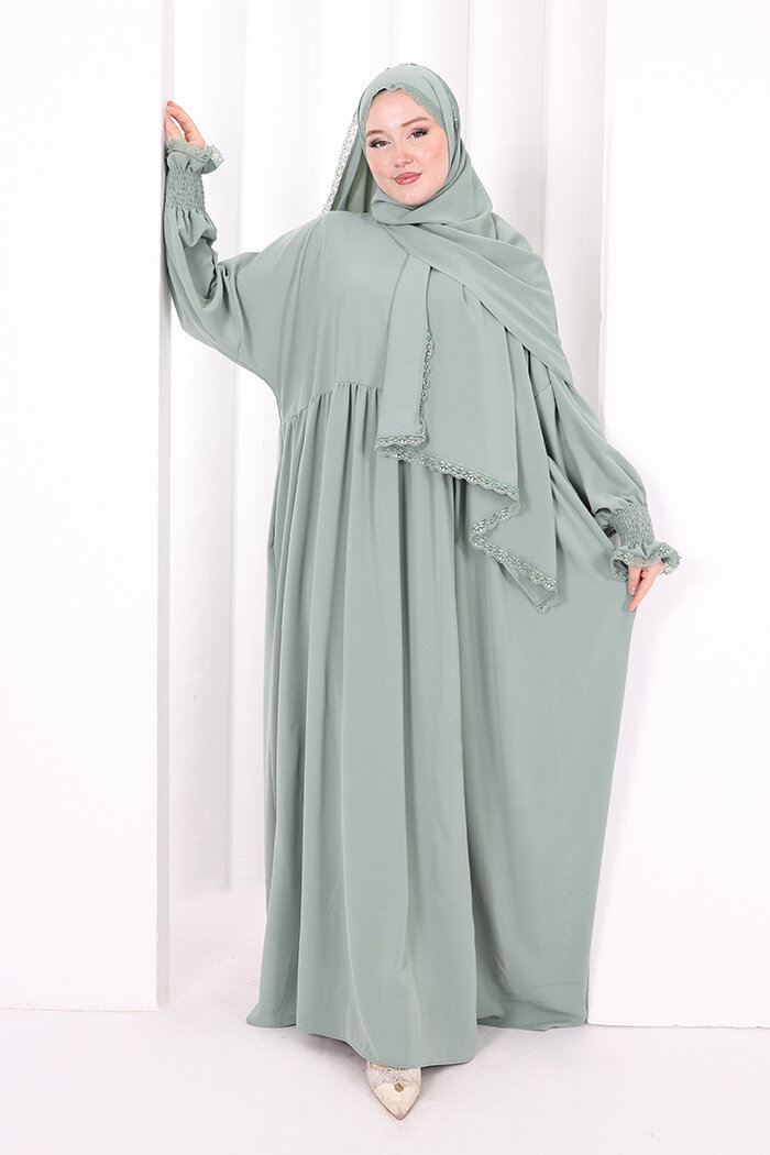 Dantel Detaylı Namaz Elbise 6095 Mint - 3