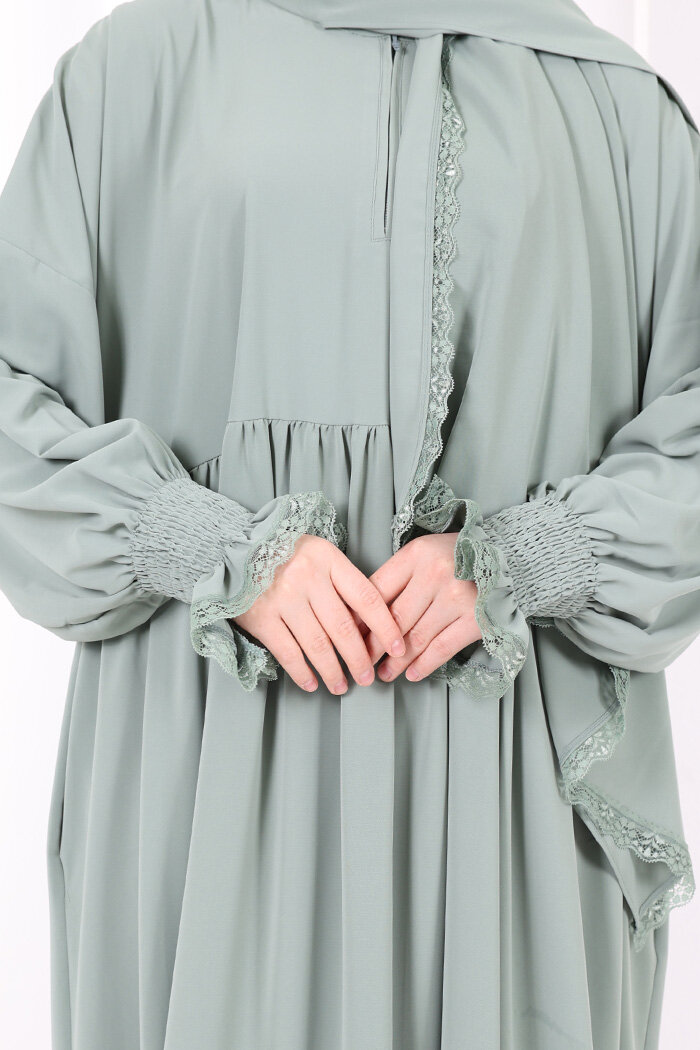 Dantel Detaylı Namaz Elbise 6095 Mint - 6