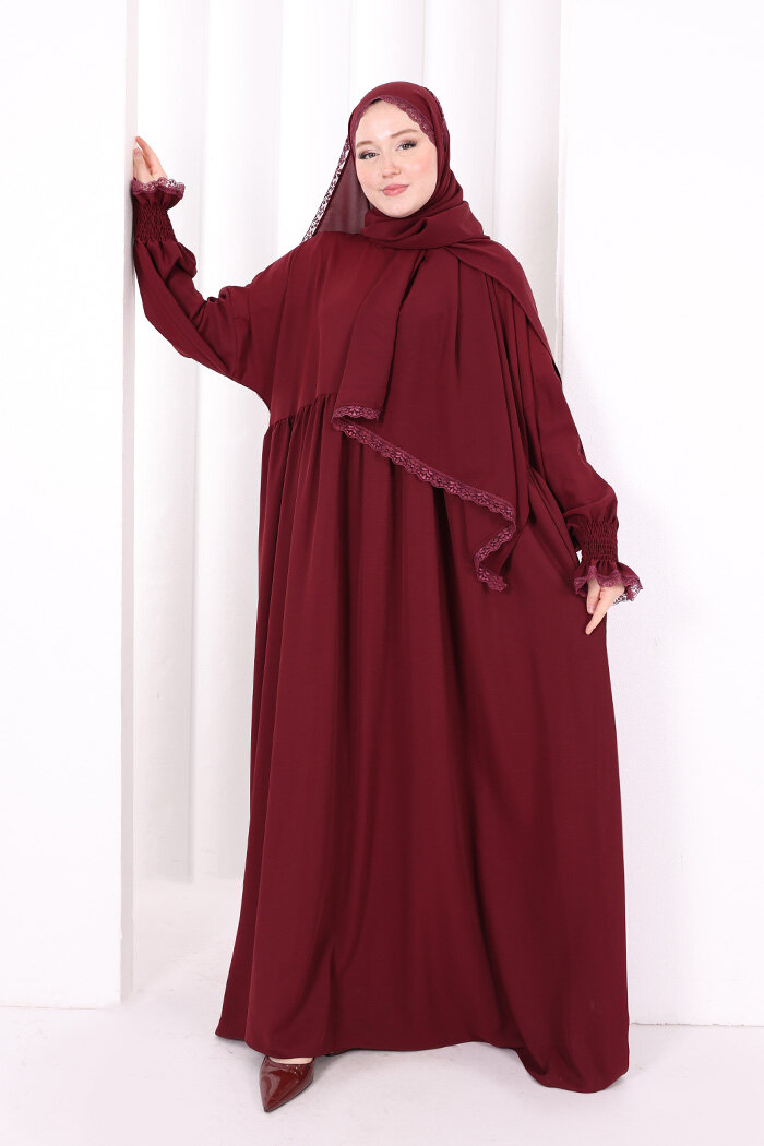 Dantel Detaylı Namaz Elbise 6095 Mürdüm - 2