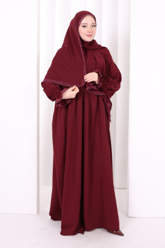 Dantel Detaylı Namaz Elbise 6095 Mürdüm - 3