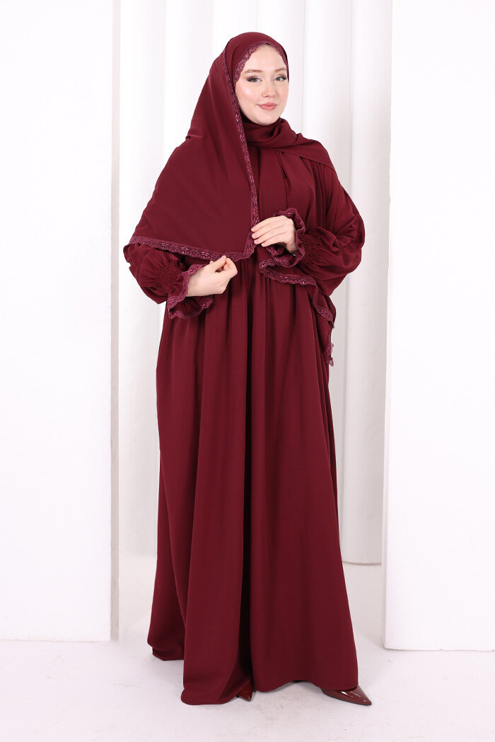 Dantel Detaylı Namaz Elbise 6095 Mürdüm - 3