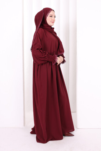 Dantel Detaylı Namaz Elbise 6095 Mürdüm - 4