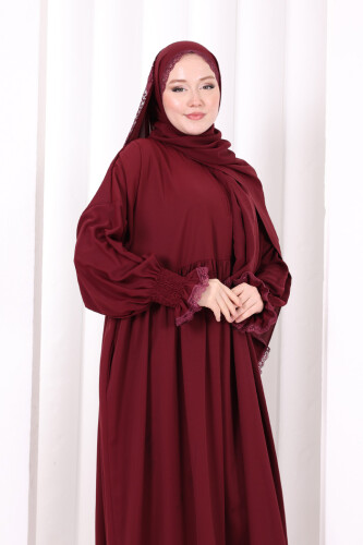 Dantel Detaylı Namaz Elbise 6095 Mürdüm - 5