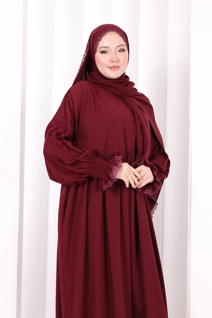 Dantel Detaylı Namaz Elbise 6095 Mürdüm - 5