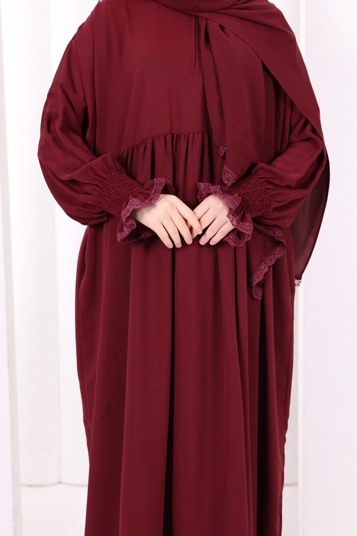Dantel Detaylı Namaz Elbise 6095 Mürdüm - 6