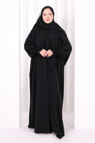 Dantel Detaylı Namaz Elbise 6095 Siyah