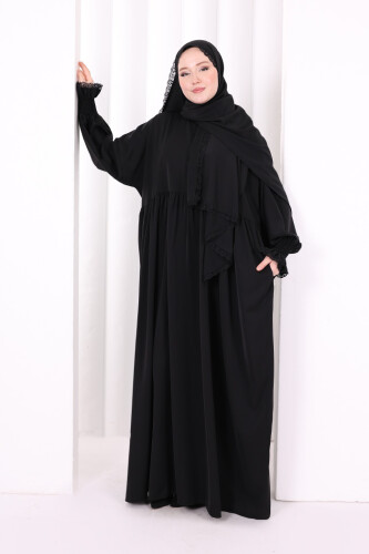 Dantel Detaylı Namaz Elbise 6095 Siyah - 2
