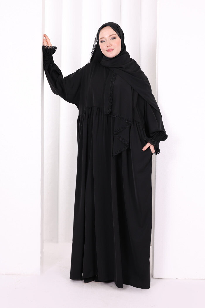 Dantel Detaylı Namaz Elbise 6095 Siyah - 2
