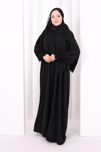 Dantel Detaylı Namaz Elbise 6095 Siyah - 3