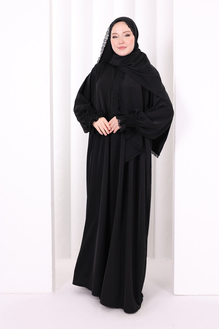 Dantel Detaylı Namaz Elbise 6095 Siyah - 3