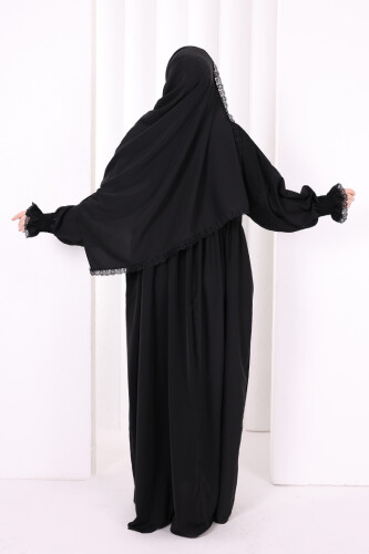 Dantel Detaylı Namaz Elbise 6095 Siyah - 4