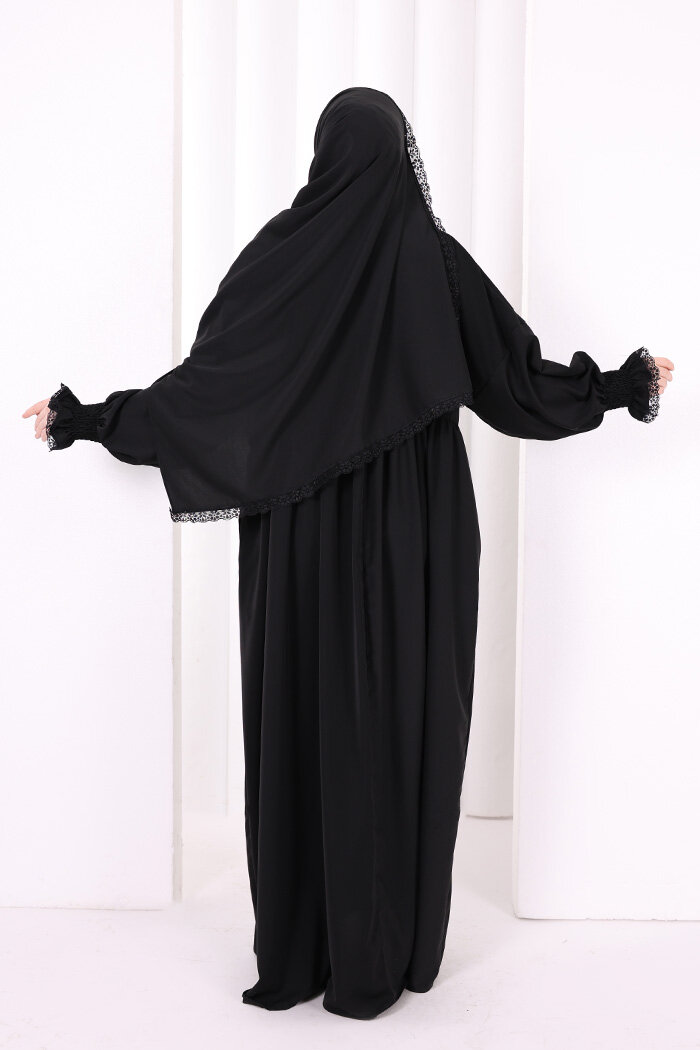 Dantel Detaylı Namaz Elbise 6095 Siyah - 4
