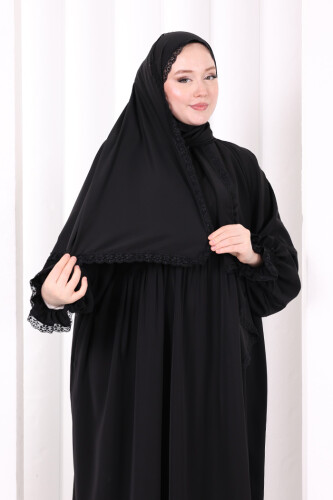 Dantel Detaylı Namaz Elbise 6095 Siyah - 5