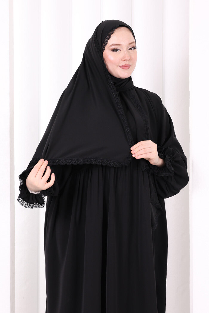 Dantel Detaylı Namaz Elbise 6095 Siyah - 5