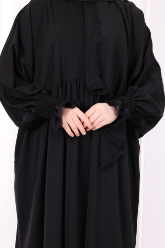 Dantel Detaylı Namaz Elbise 6095 Siyah - 6