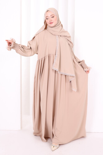 Dantel Detaylı Namaz Elbise 6095 Vizon