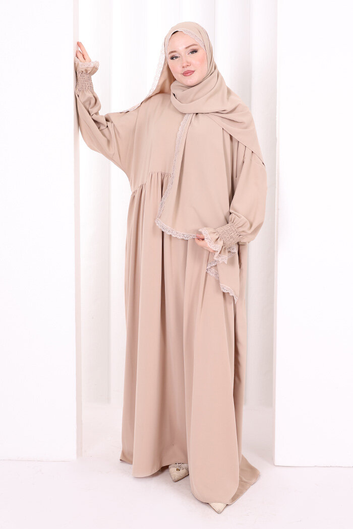 Dantel Detaylı Namaz Elbise 6095 Vizon - 3