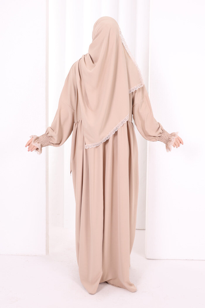 Dantel Detaylı Namaz Elbise 6095 Vizon - 4
