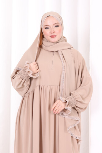 Dantel Detaylı Namaz Elbise 6095 Vizon - 5