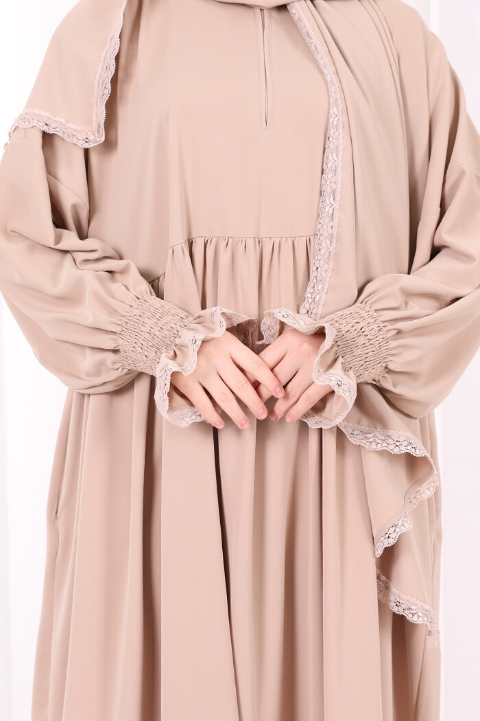 Dantel Detaylı Namaz Elbise 6095 Vizon - 6