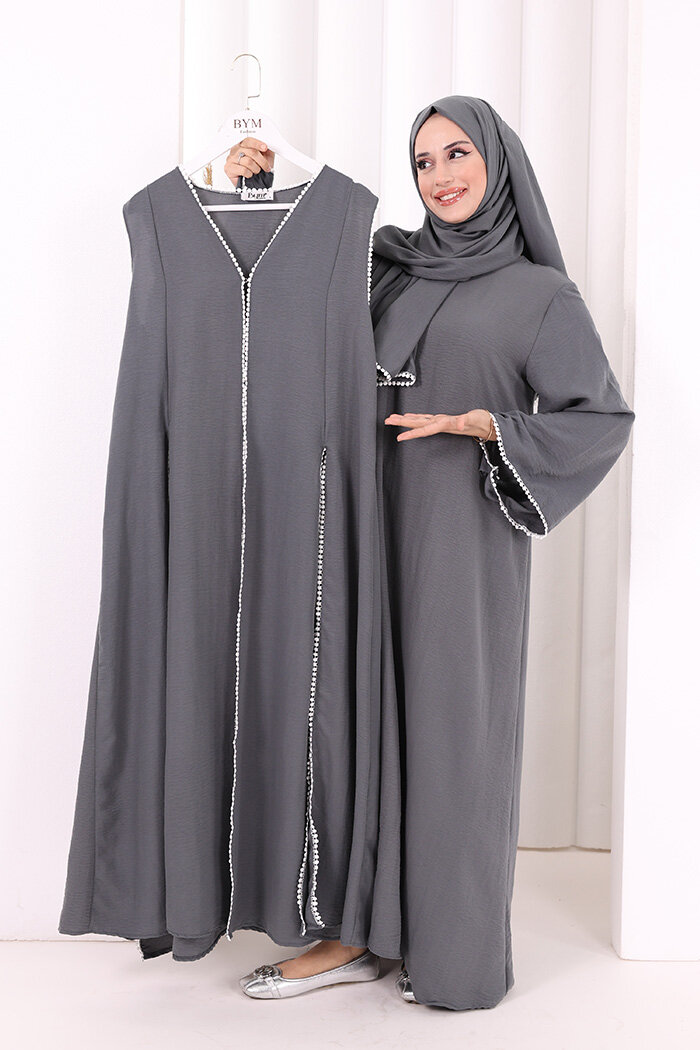 Dantel Şeritli Abaya Elbise Şal Üçlü Takım 6074 Antrasit - 1
