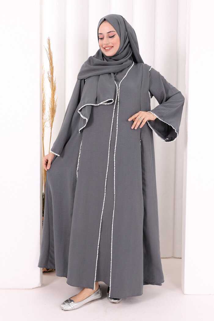 Dantel Şeritli Abaya Elbise Şal Üçlü Takım 6074 Antrasit - 2