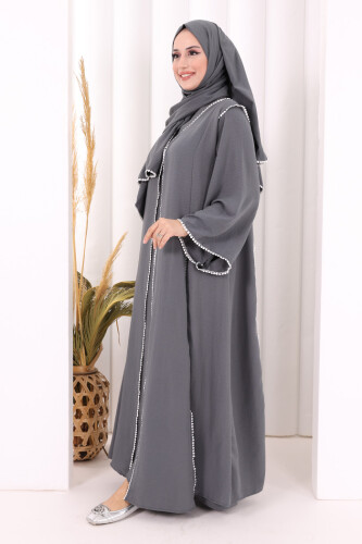 Dantel Şeritli Abaya Elbise Şal Üçlü Takım 6074 Antrasit - 3