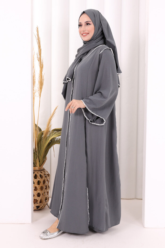 Dantel Şeritli Abaya Elbise Şal Üçlü Takım 6074 Antrasit - 3
