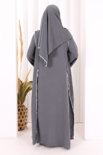 Dantel Şeritli Abaya Elbise Şal Üçlü Takım 6074 Antrasit - 4
