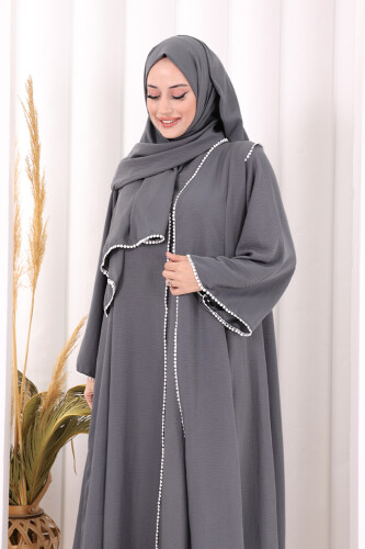 Dantel Şeritli Abaya Elbise Şal Üçlü Takım 6074 Antrasit - 5