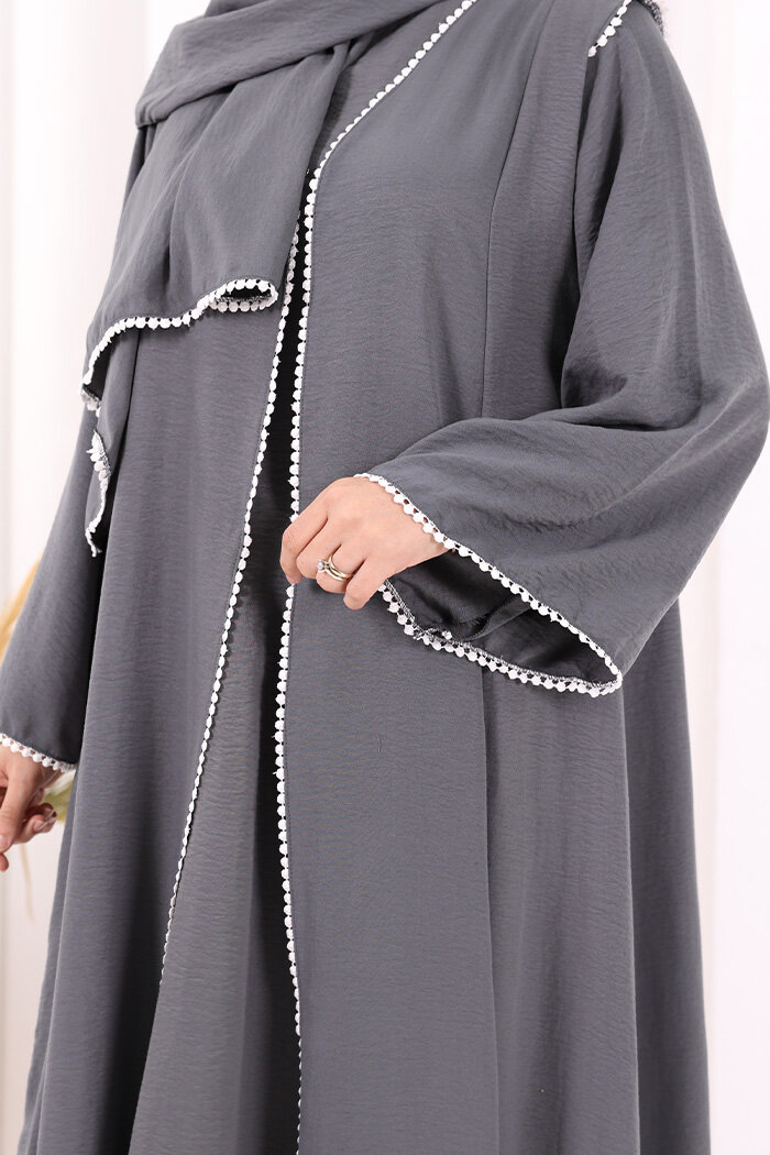 Dantel Şeritli Abaya Elbise Şal Üçlü Takım 6074 Antrasit - 6