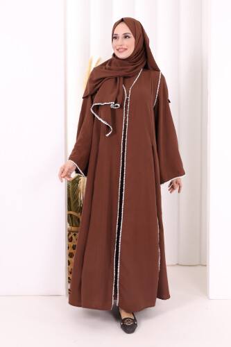 Dantel Şeritli Abaya Elbise Şal Üçlü Takım 6074 Kahverengi